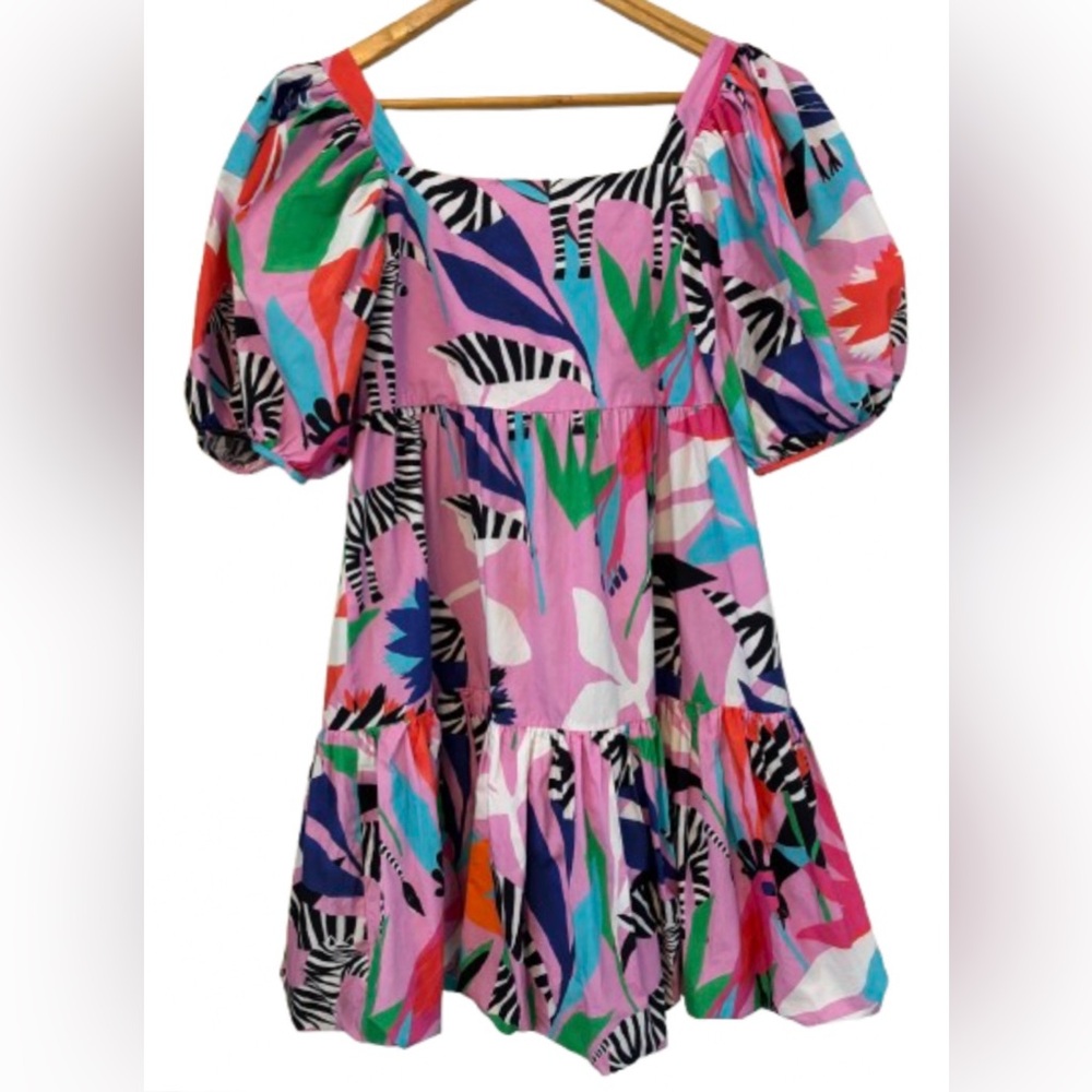 Tuckernuck Oliphant zbra prnt ballon slv & hm smckd bk 100% cotton drss SZ S